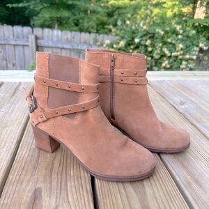 Matisse Brown Suede Camryn Studded Strap Stacked Heel Boho Ankle Booties